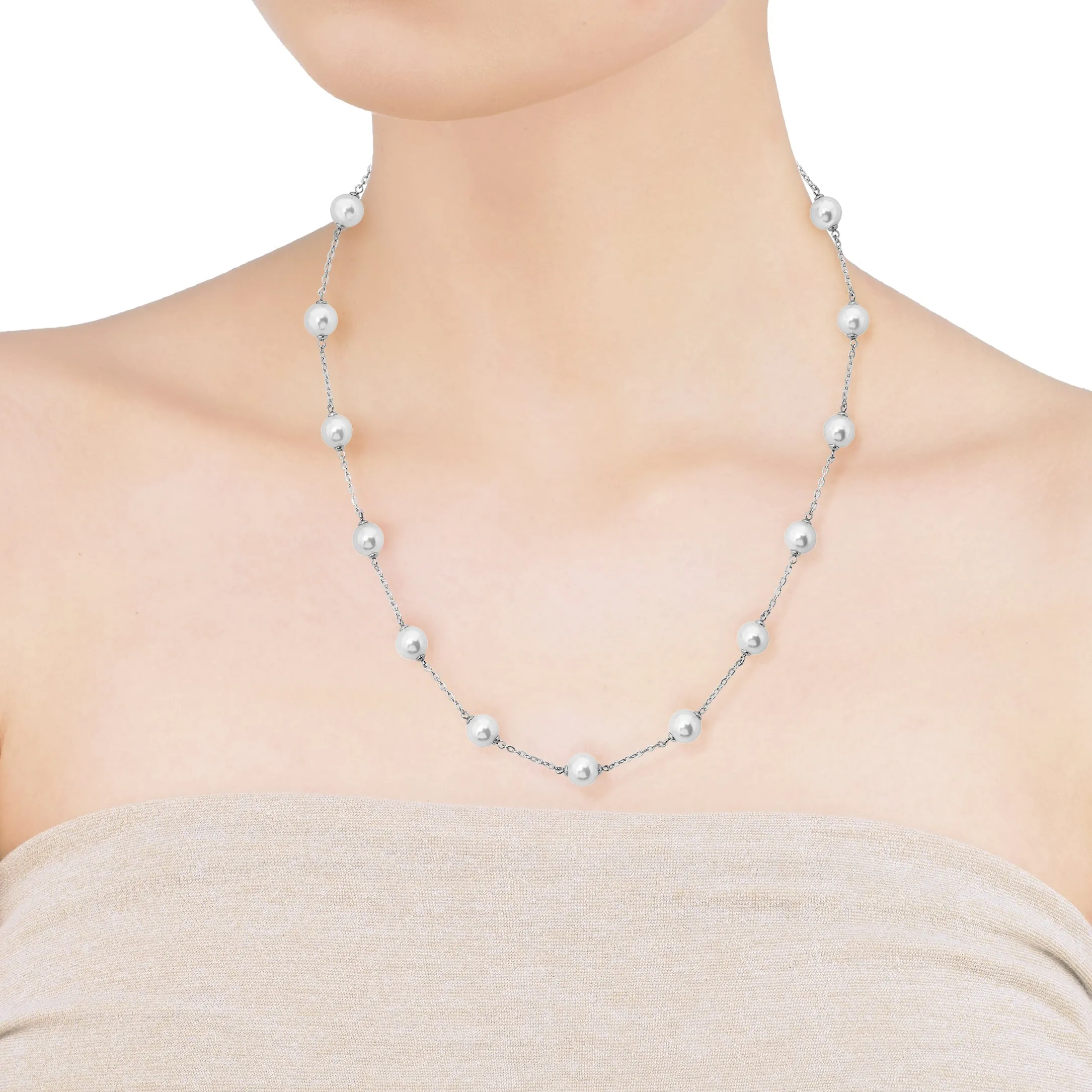 Sterling Silver Rhodium-Plated Chained Necklace for Women with 8mm Round White Pearls, 18-20 Necklace Length, Illusion Collection