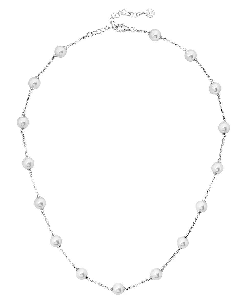 Sterling Silver Rhodium-Plated Chained Necklace for Women with 8mm Round White Pearls, 18-20 Necklace Length, Illusion Collection