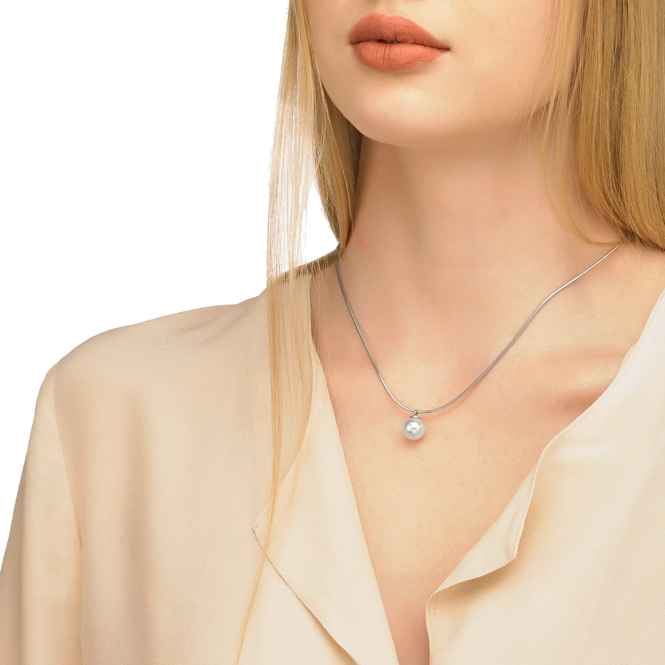 Sterling Silver Rhodium Plated Pendant Necklace for Women with Organic Pearl, 10mm Round White Pearl, 16.5/18.5 Length, Nuada Collection