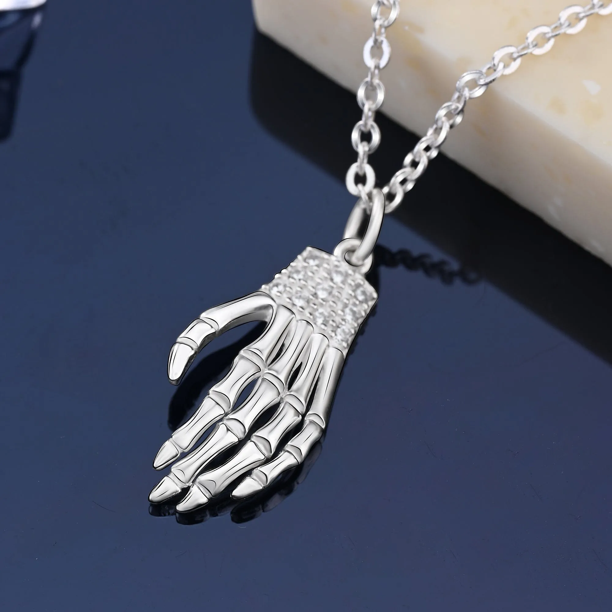 Sterling Silver Skeleton Hand Necklace