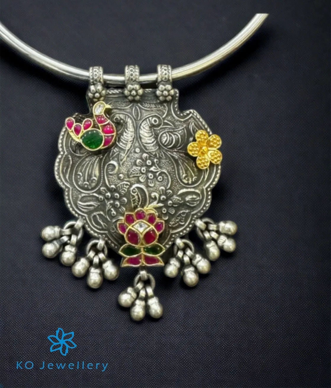 The Vaiga Silver Antique Peacock Hasli Necklace (2 tone)