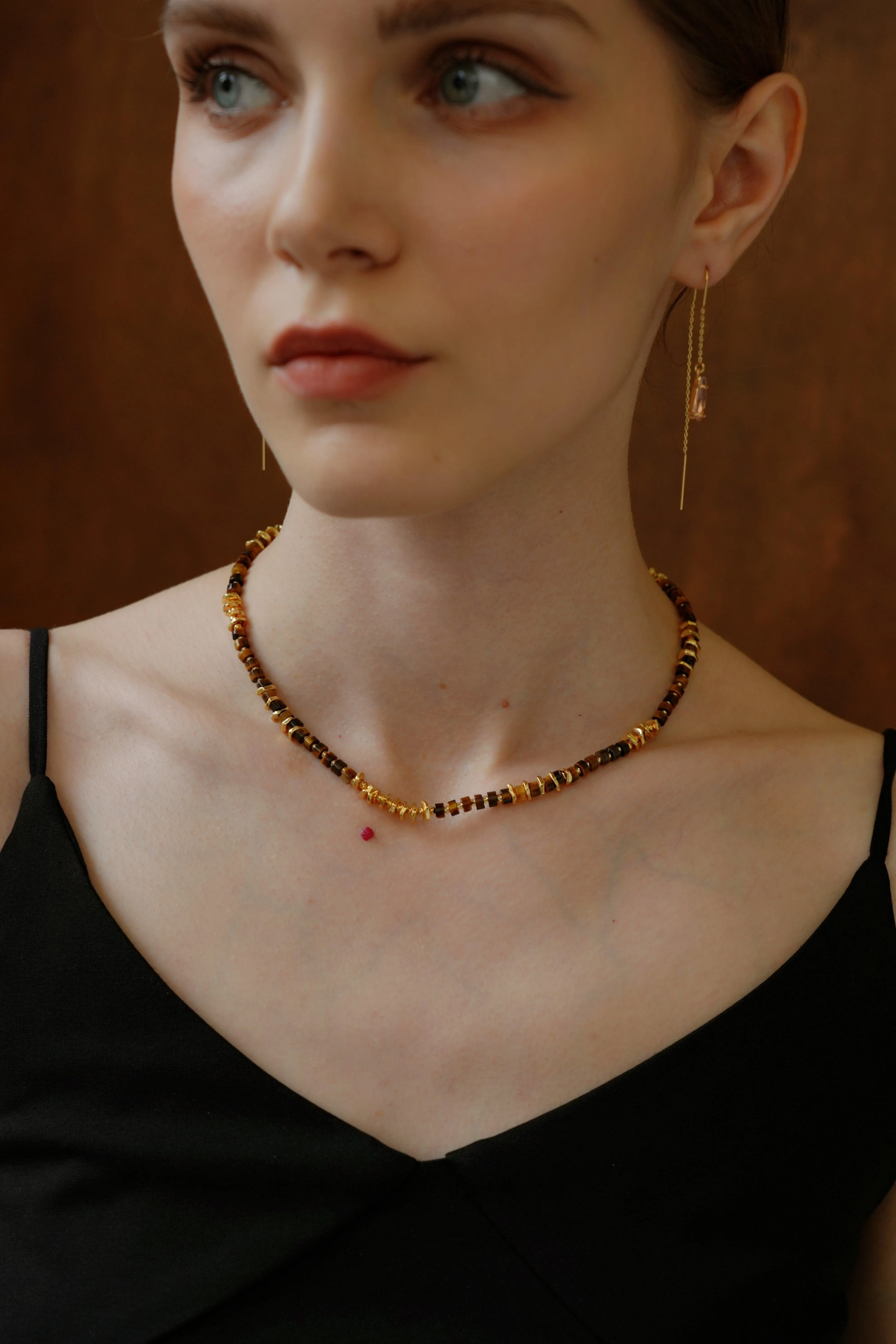 Tiger's Eye Beaded 18k Gold Necklace