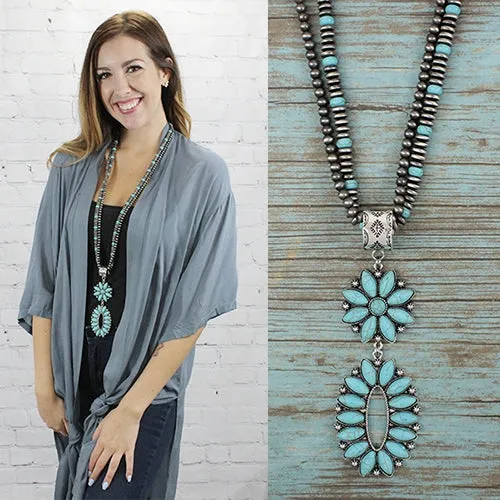 Turquoise & Silver 2 Strand Long Necklace with Large Oval Concho Pendant