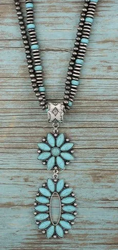 Turquoise & Silver 2 Strand Long Necklace with Large Oval Concho Pendant