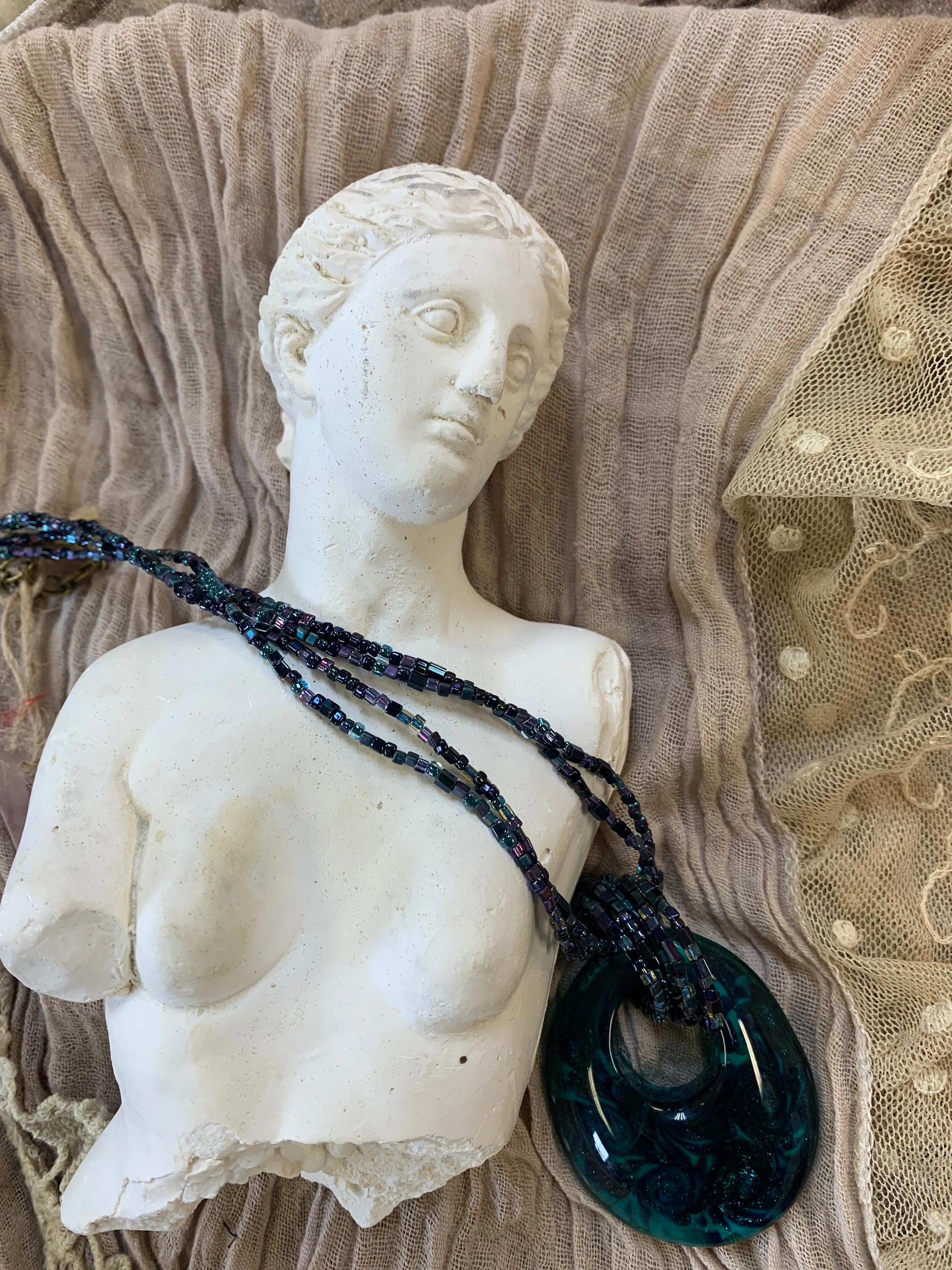 Turquoise and Black Murano Glass Pendant Necklace