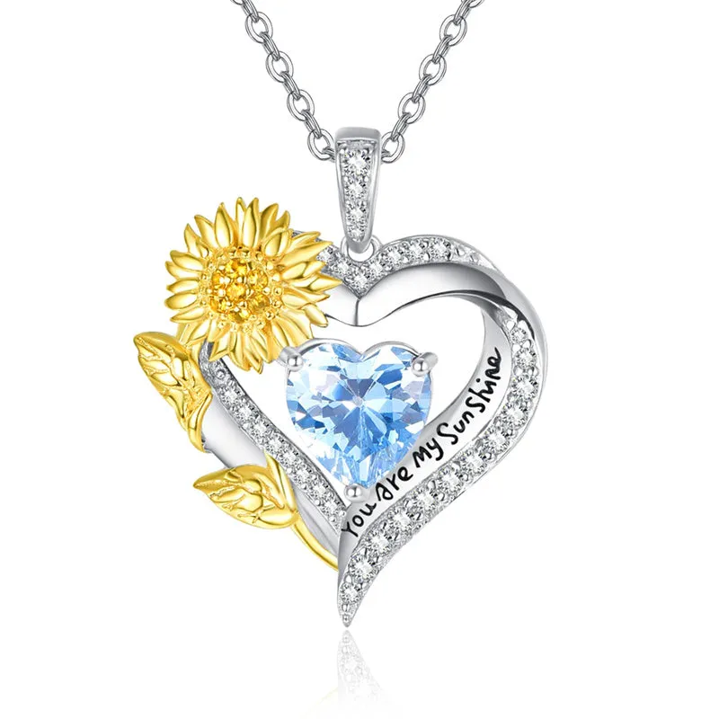 Valentine Gift for Her Birthstone Necklace Sterling Sliver Love Heart Sunflower Pendant Necklace You Are My Sunshine Birthstone Jewelry