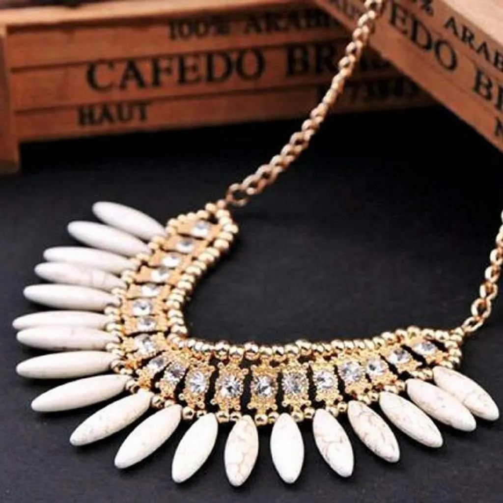 White Stone Fringe Beaded Collar Necklace