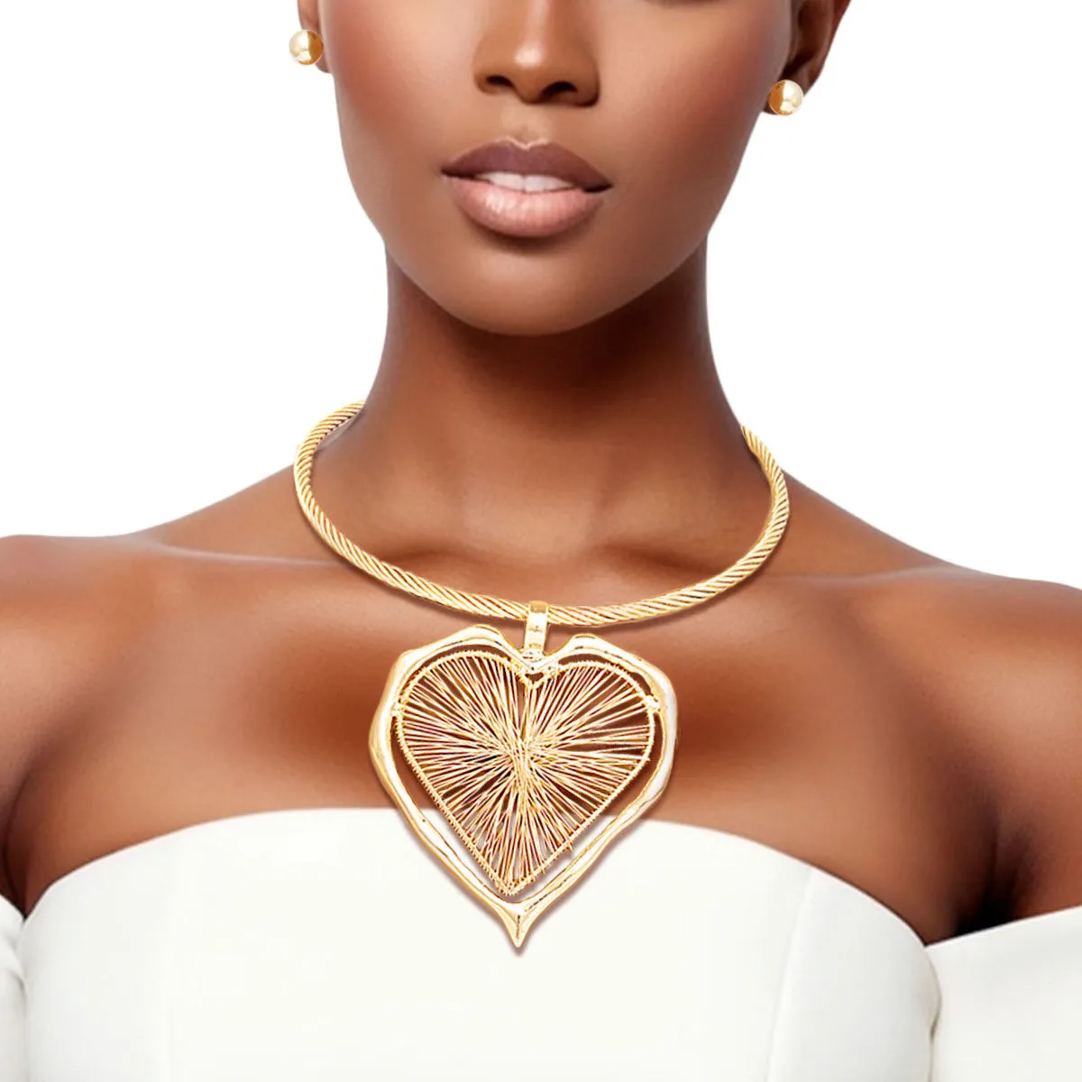 Wire Heart Pendant Necklace Set - Gold