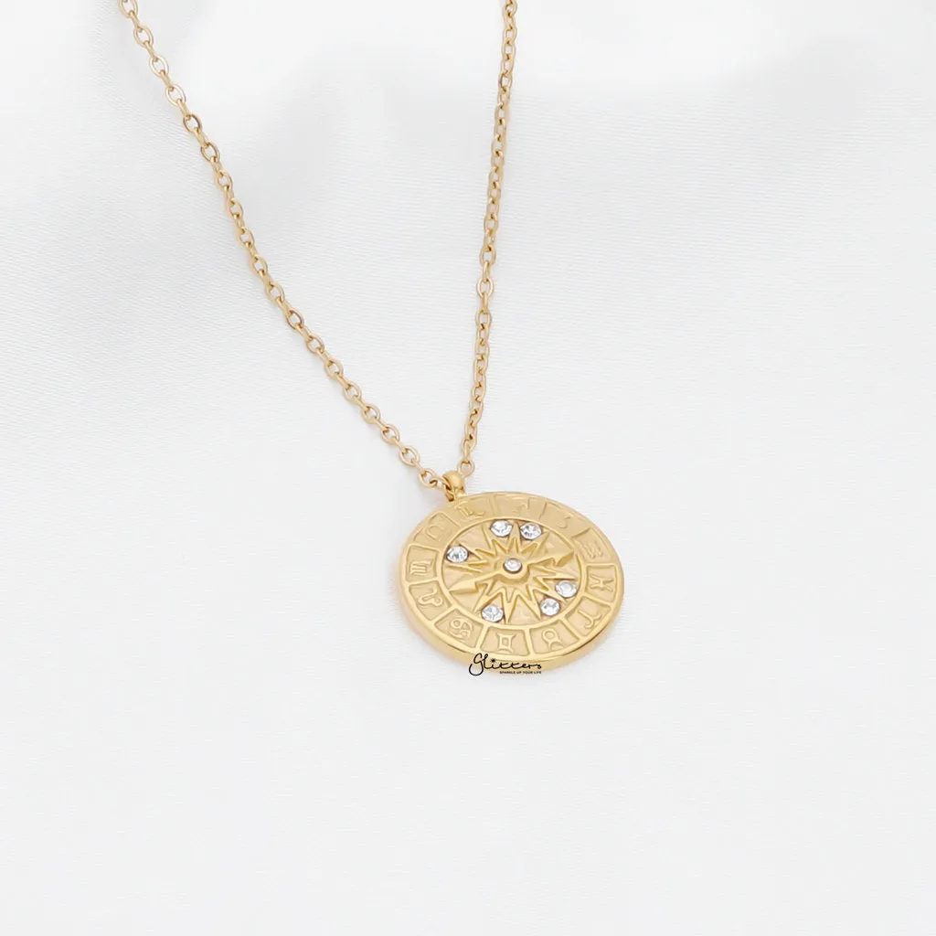 Zodiac Dial Pendant Stainless Steel Necklace - Gold