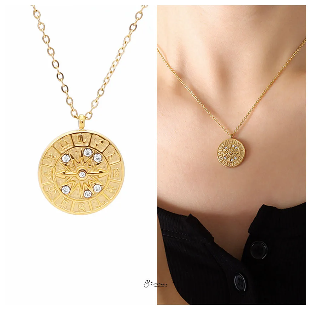 Zodiac Dial Pendant Stainless Steel Necklace - Gold