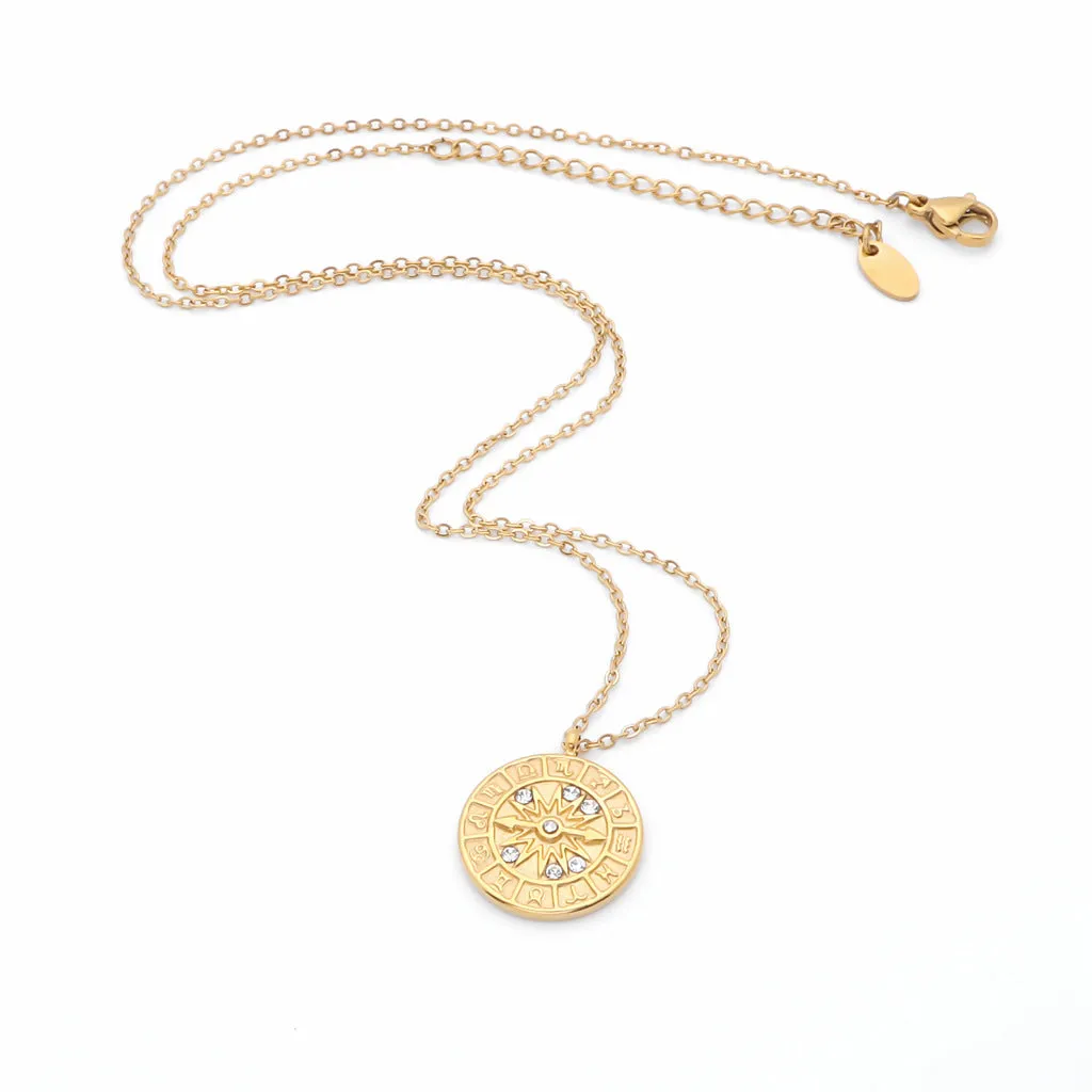 Zodiac Dial Pendant Stainless Steel Necklace - Gold